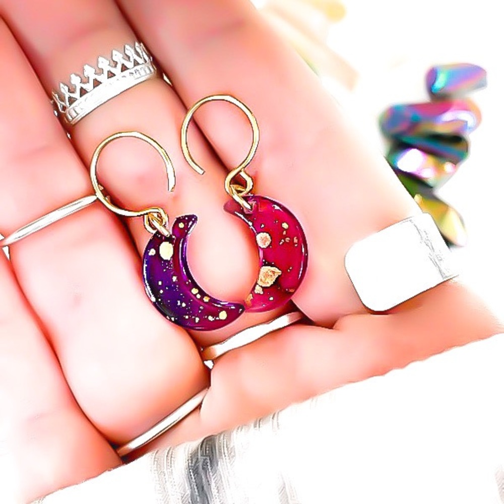 3 x purple-pink & gold glitter resin crescent moon dangle drop earrings